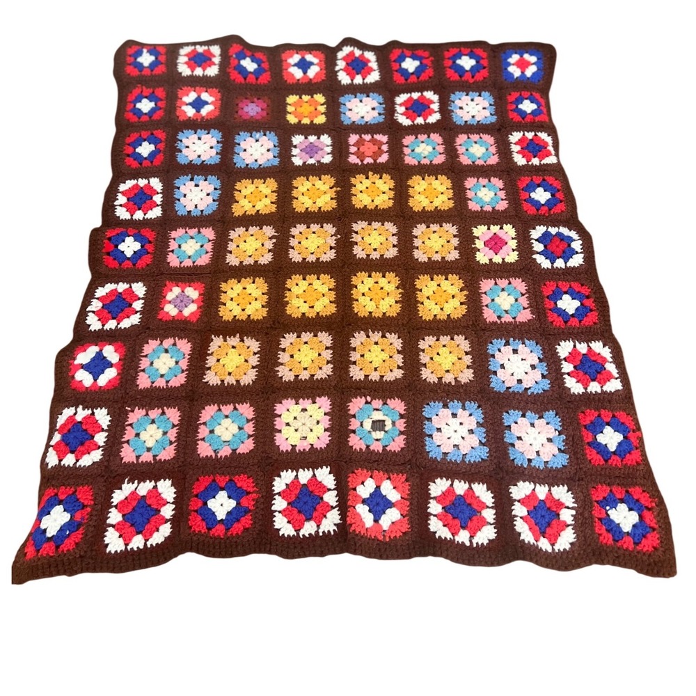 Handmade Granny Square Crochet Afghan Brown Multi Vintage Boho Throw Blanket